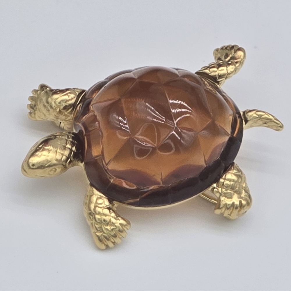 Vintage D'Orlan Small Turtle Brooch with Faux Brown Stone